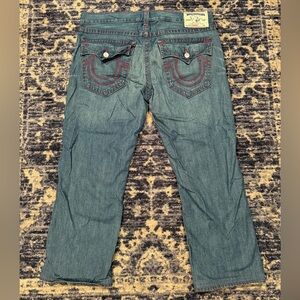 True Religion Straight Distressed Blue/Indigo Jeans Red Stitching Size 40W x 34L